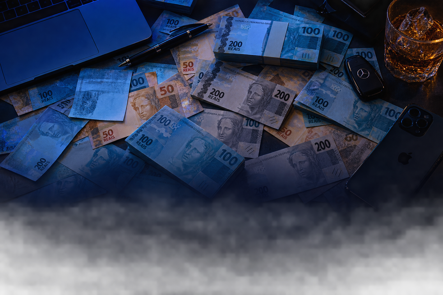 Mesa com dinheiro e elementos de negócios